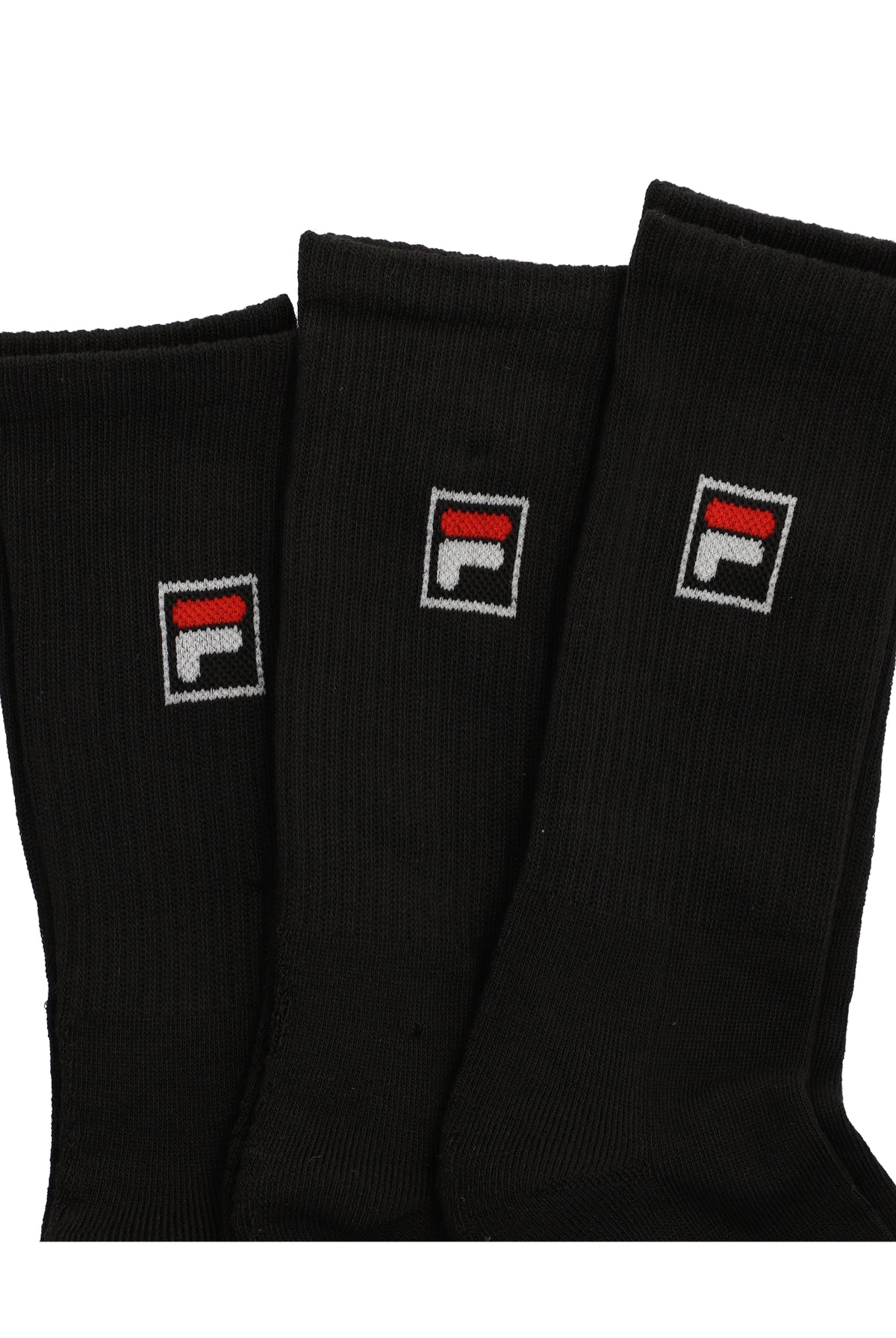 A pack of three black crew socks with the FILA logo