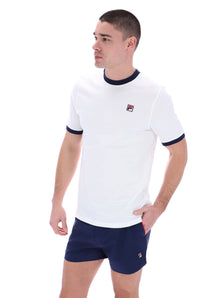 Displays a model wearing the White 'Fila' branded Marconi Essential Ringer T-Shirt