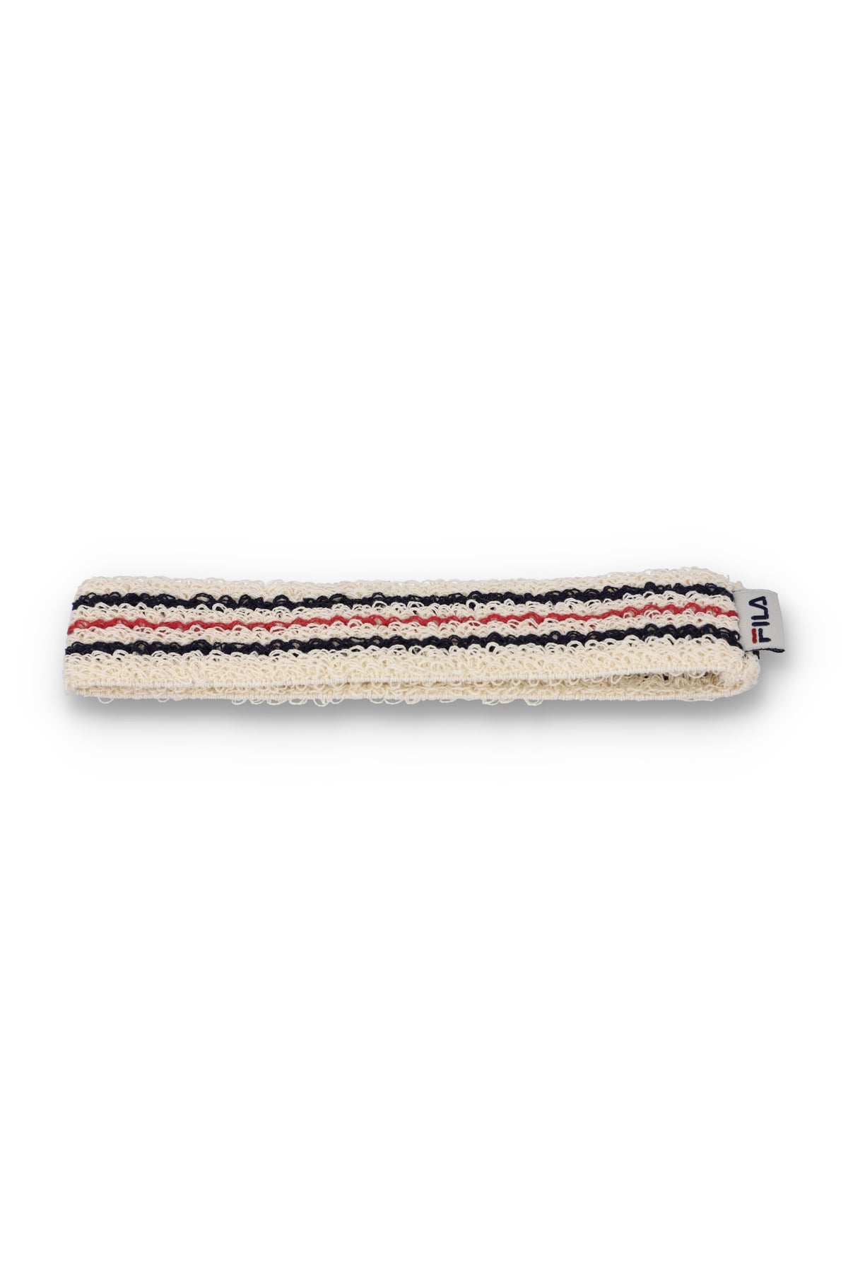 A beige retro headband with a red and blue stripe pattern and the FILA logo embroidered on it.