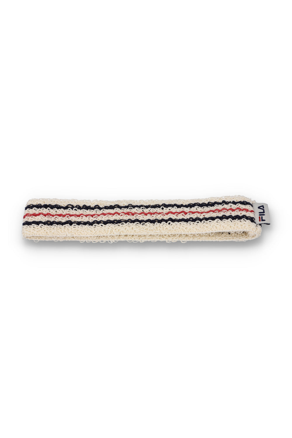 A beige retro headband with a red and blue stripe pattern and the FILA logo embroidered on it.