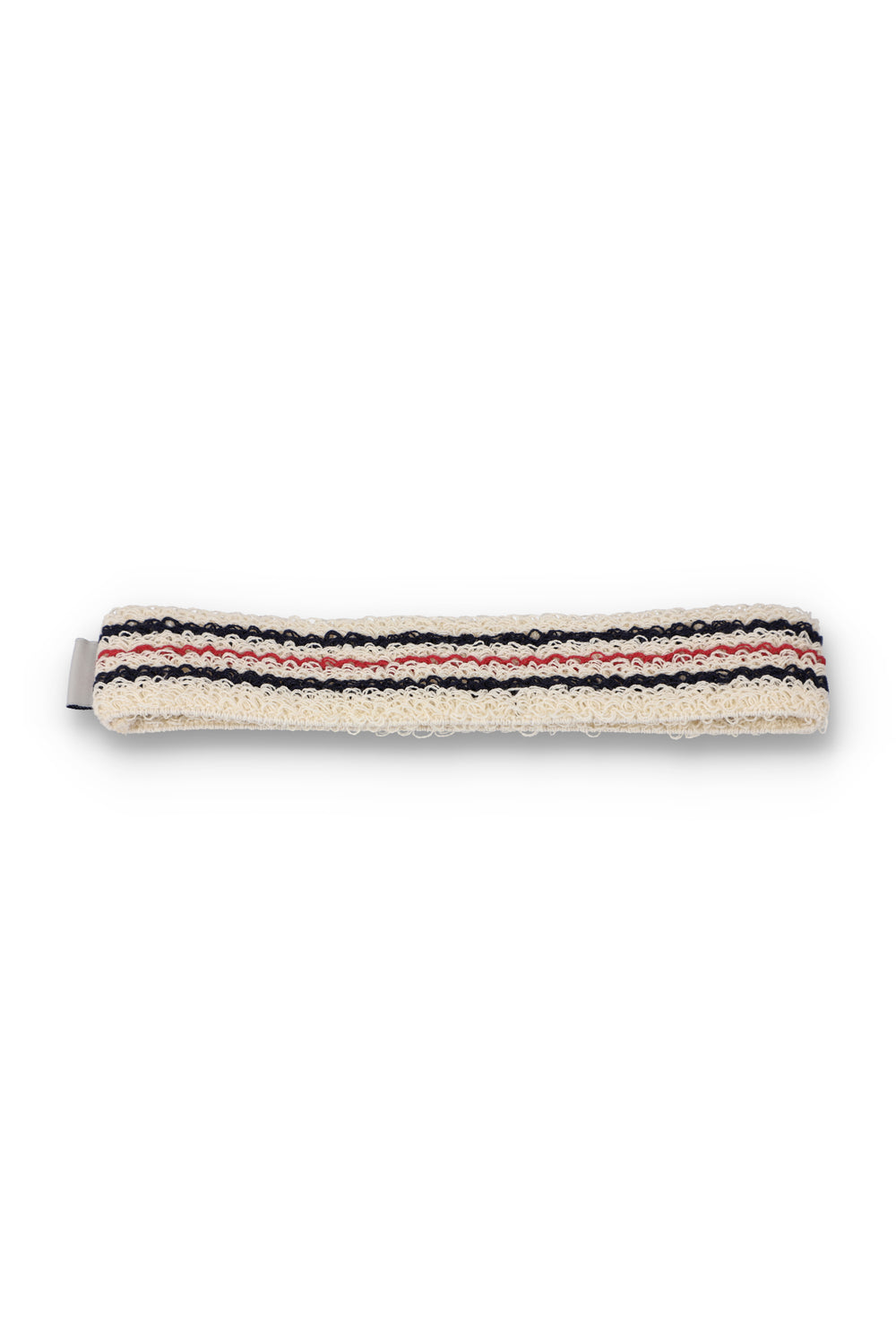 A beige retro headband with a red and blue stripe pattern and the FILA logo embroidered on it.