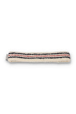 A beige retro headband with a red and blue stripe pattern and the FILA logo embroidered on it.