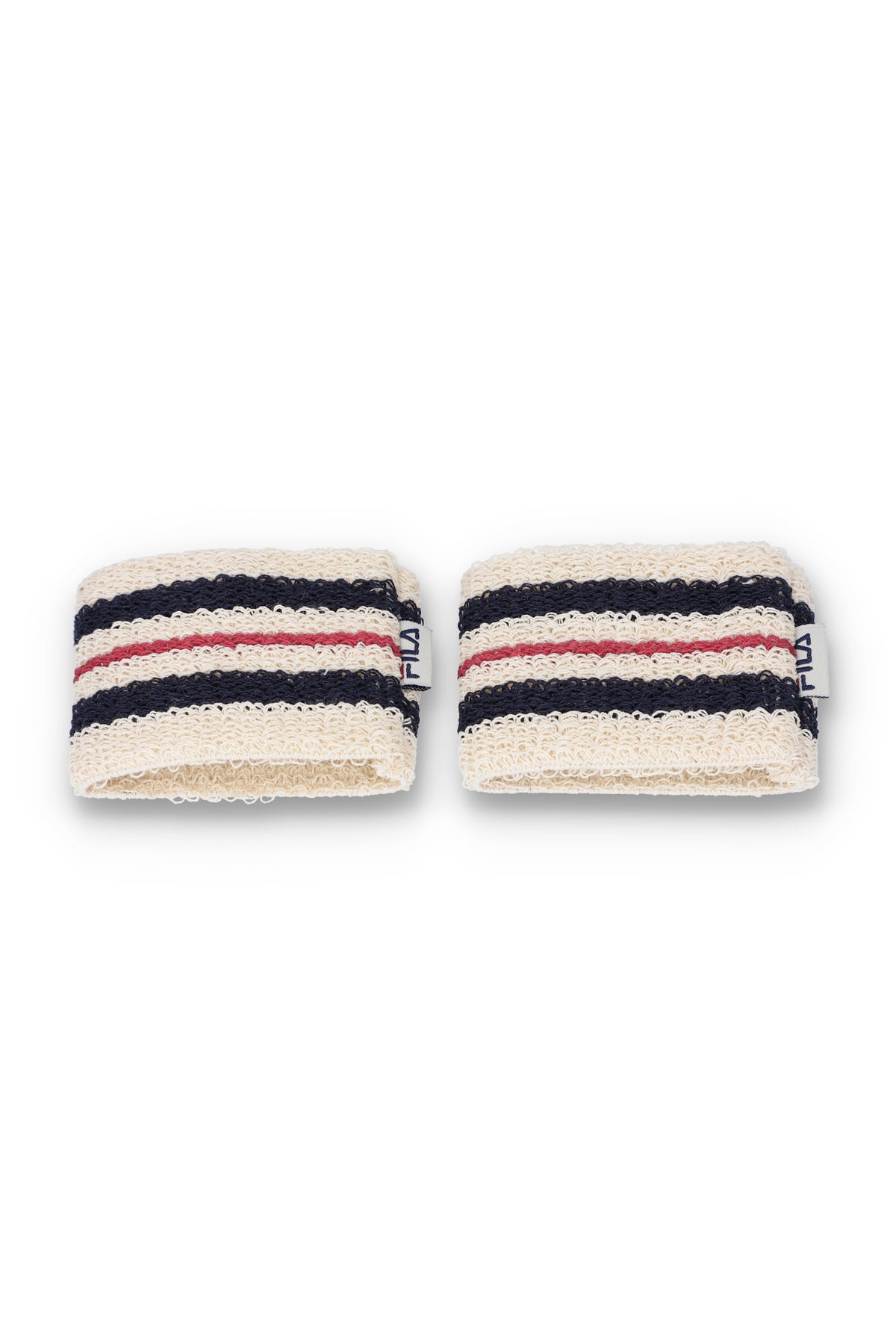 A pair of beige, red, and blue striped retro wristbands with the FILA logo.