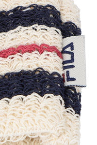 A close-up of a of beige, red, and blue striped retro wristbands with the FILA logo.