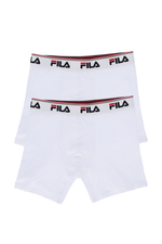 Two white mid-rise men's boxers with the FILA logo on the waistband