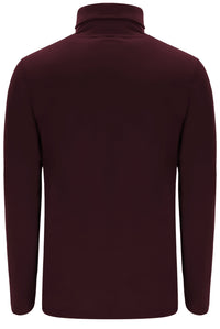 A dark burgundy long-sleeve turtleneck top shown from the back, photographed against a solid white background.