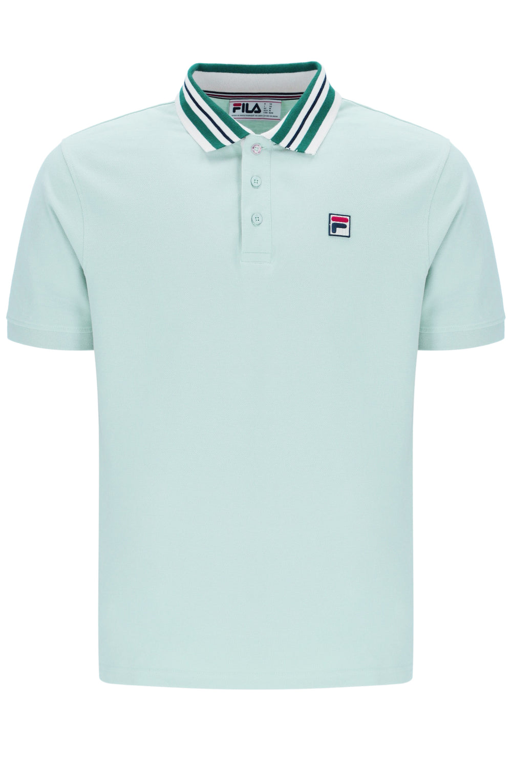 Light blue polo shirt with green and white collar, with a small FILA logo on the chest, against a white background