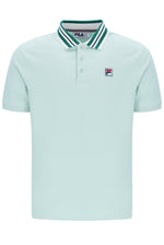 Light blue polo shirt with green and white collar, with a small FILA logo on the chest, against a white background