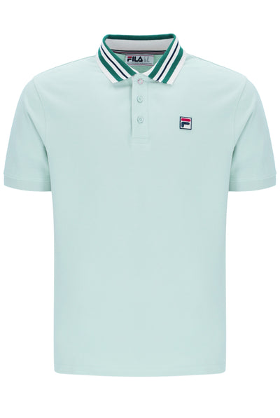 Light blue polo shirt with green and white collar, with a small FILA logo on the chest, against a white background
