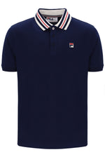 Navy blue polo shirt with a brand logo on a white background