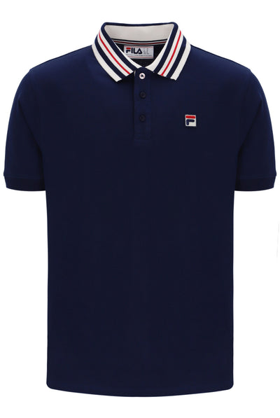 Navy blue polo shirt with a brand logo on a white background