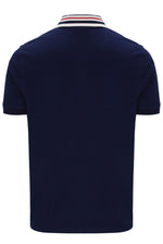 Navy blue polo shirt with a striped collar on a white background