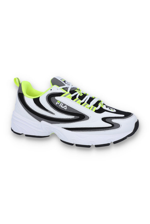 A pair of black FILA Actix Women's Trainers with lace up fastening and green accents.