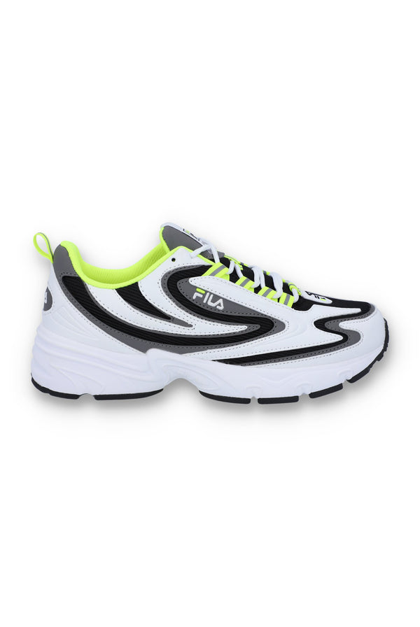 A pair of black FILA Actix Women's Trainers with lace up fastening and green accents.