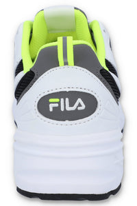 A pair of black FILA Actix Women's Trainers with lace up fastening and green accents.