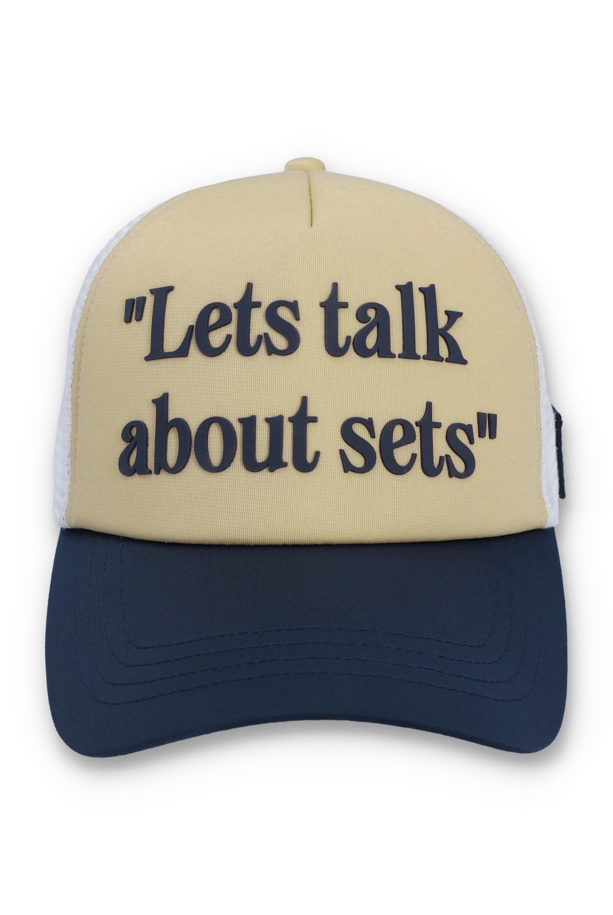 Displays the Classic Beige 'FILA' branded Addie Slogan Neoprene Mesh-Back Cap