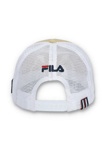 Displays the Classic Beige 'FILA' branded Addie Slogan Neoprene Mesh-Back Cap