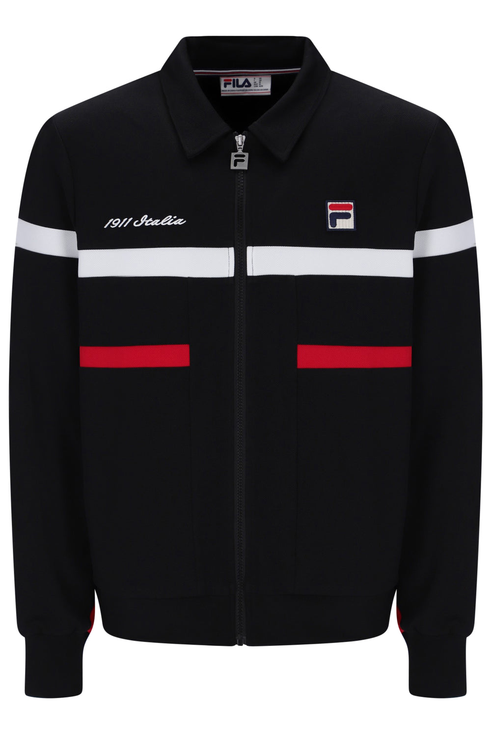 A black FILA track jacket with a zip-up front, featuring white stripes across the chest, red horizontal bands on the pockets, and the FILA logo on the left chest.