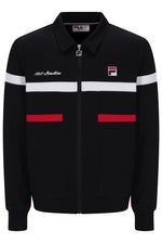 A black FILA track jacket with a zip-up front, featuring white stripes across the chest, red horizontal bands on the pockets, and the FILA logo on the left chest.
