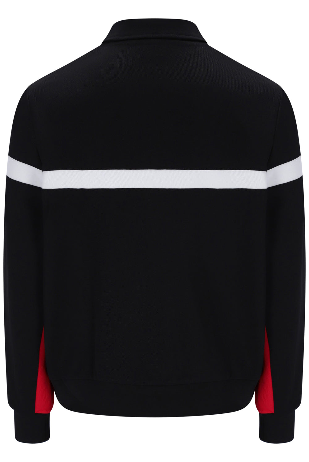 Black long-sleeve track jacket with a white horizontal stripe across the chest and red side panels, shown from the back on a white background.