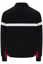 Black long-sleeve track jacket with a white horizontal stripe across the chest and red side panels, shown from the back on a white background.