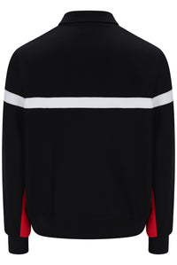 Black long-sleeve track jacket with a white horizontal stripe across the chest and red side panels, shown from the back on a white background.