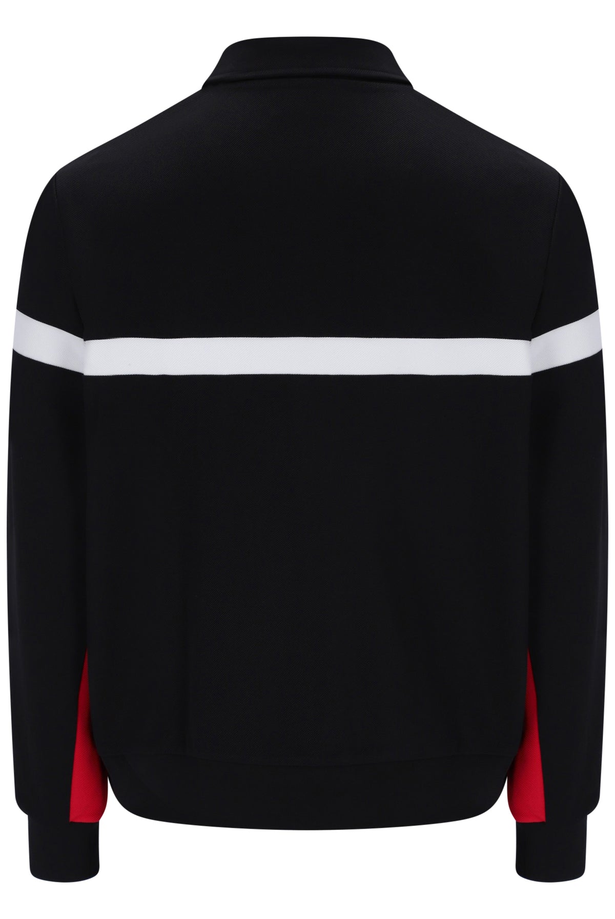 Black long-sleeve track jacket with a white horizontal stripe across the chest and red side panels, shown from the back on a white background.