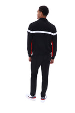 Displays a model wearing Black 'Fila' branded Red/WhiteAlex Cut And Sew Jacket