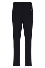 Black pants with a brand logo on a white background