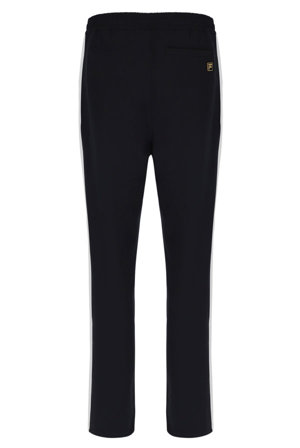 Black pants with a brand logo on a white background