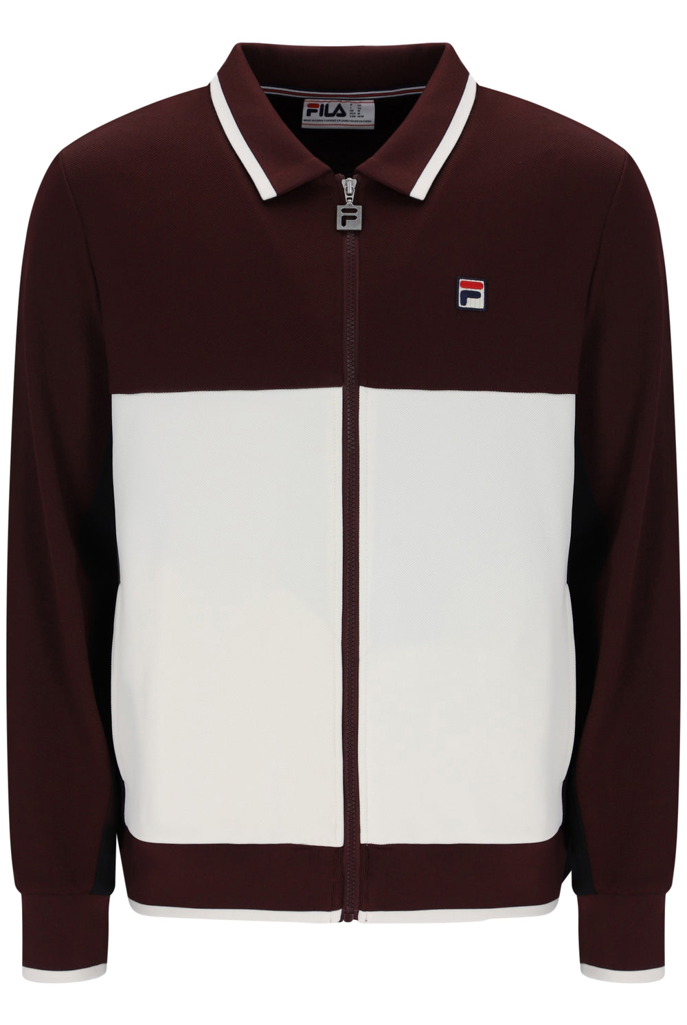 A Fila colorblock zip-up jacket in maroon and off-white, featuring a white and maroon striped collar and a small Fila logo on the left chest.
