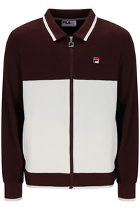 A Fila colorblock zip-up jacket in maroon and off-white, featuring a white and maroon striped collar and a small Fila logo on the left chest.