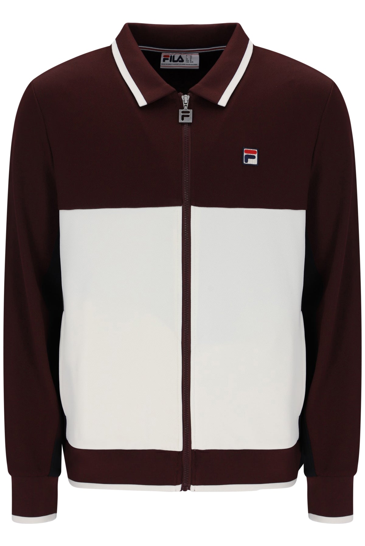 A Fila colorblock zip-up jacket in maroon and off-white, featuring a white and maroon striped collar and a small Fila logo on the left chest.