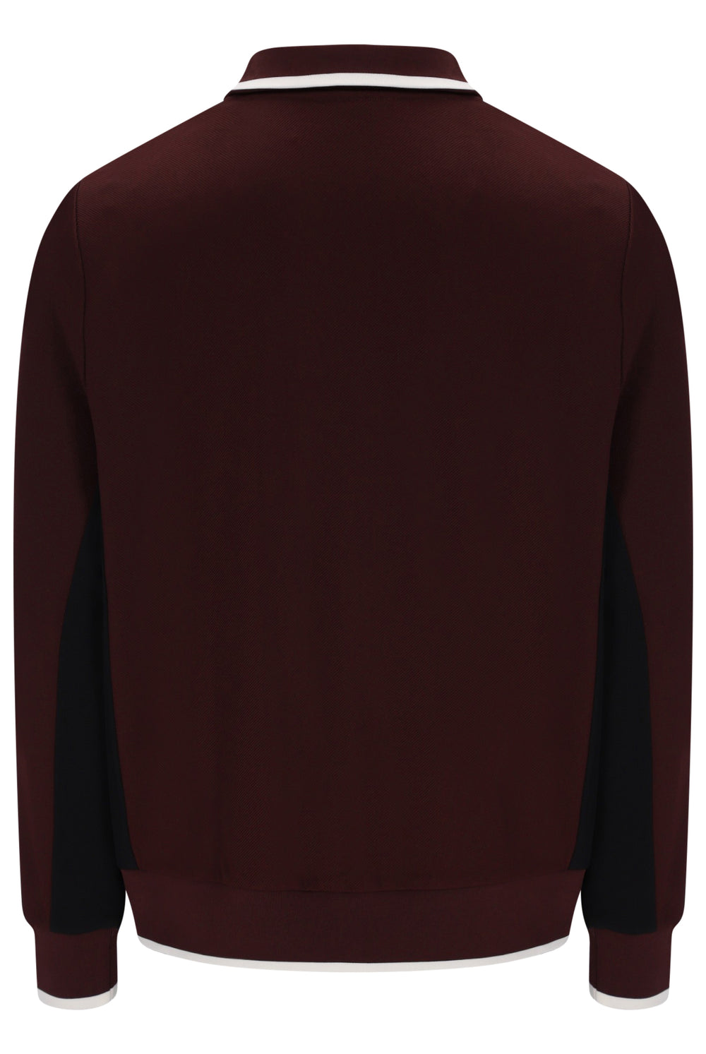 Back view of a dark burgundy bomber jacket with black color-blocked side panels and white contrast stitching.