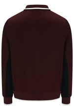 Back view of a dark burgundy bomber jacket with black color-blocked side panels and white contrast stitching.