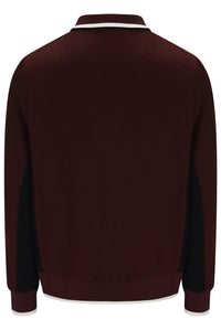 Back view of a dark burgundy bomber jacket with black color-blocked side panels and white contrast stitching.