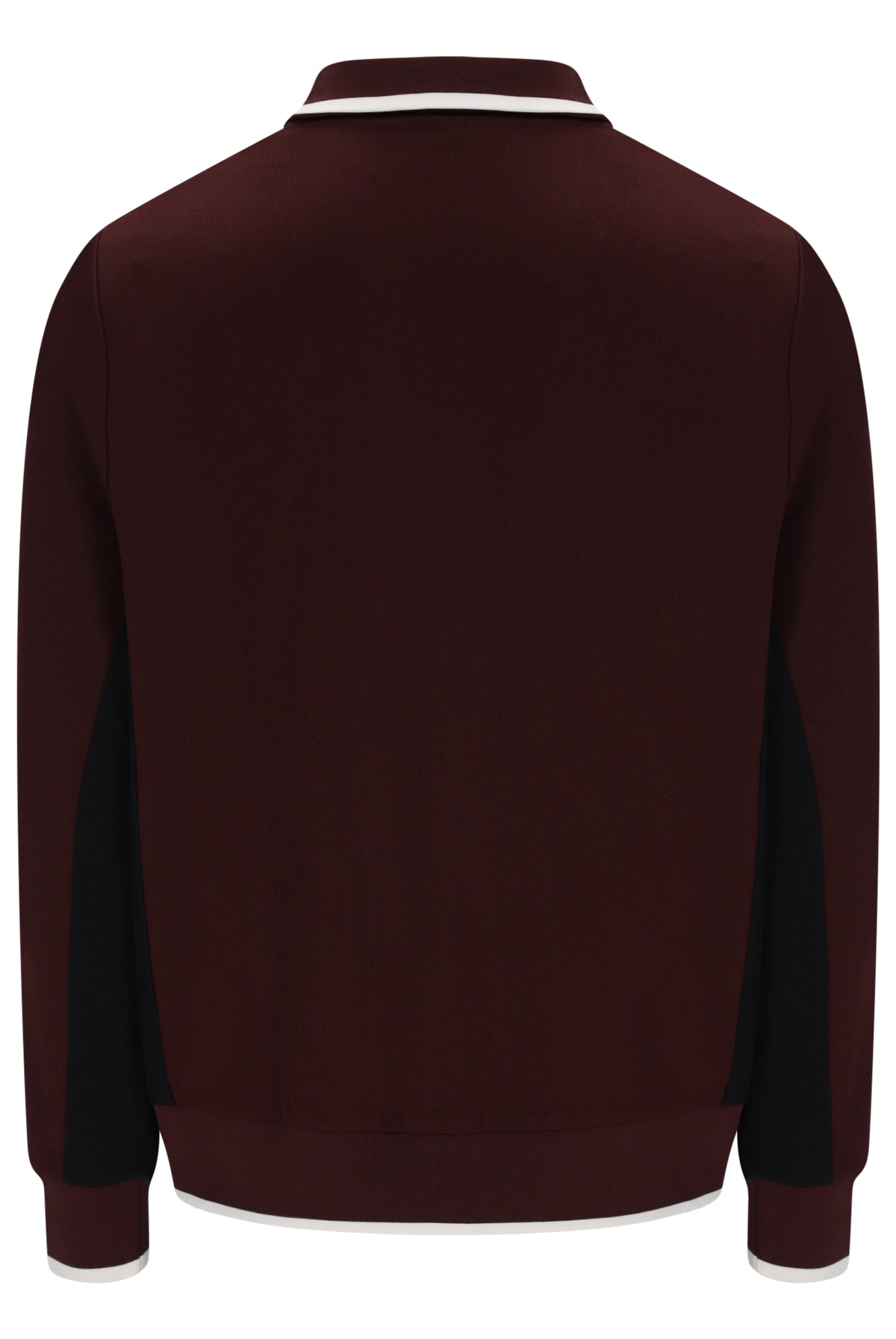 Back view of a dark burgundy bomber jacket with black color-blocked side panels and white contrast stitching.