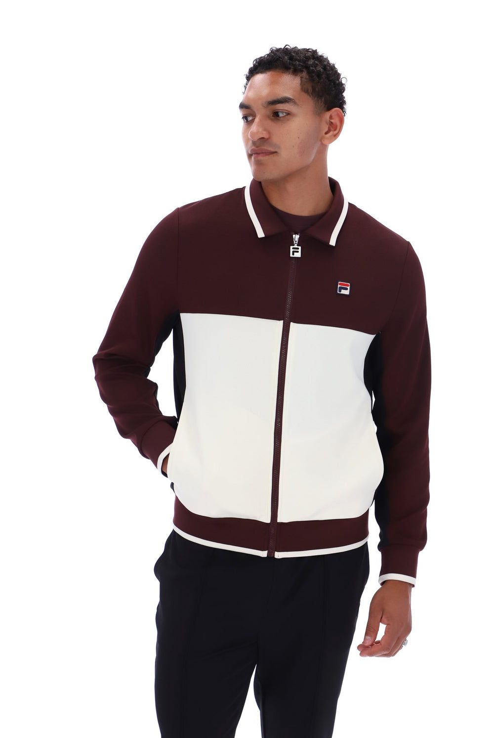 Displays a model wearing the Fudge 'FILA' branded Arlen Colourblock Jacket