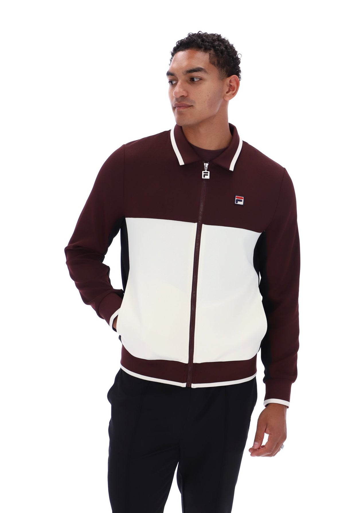 Displays a model wearing the Fudge 'FILA' branded Arlen Colourblock Jacket
