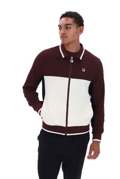 Displays a model wearing the Fudge 'FILA' branded Arlen Colourblock Jacket