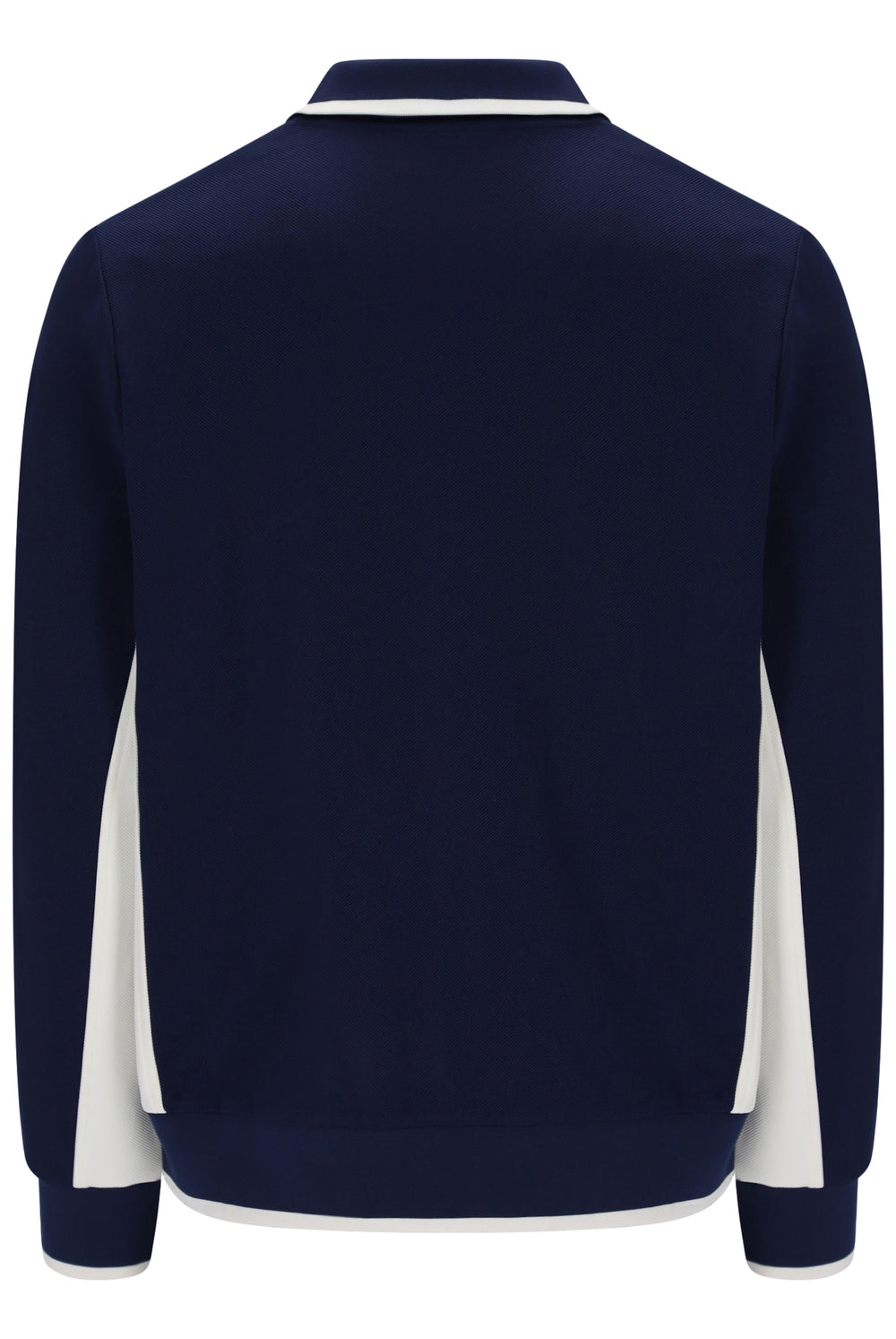 A navy blue long-sleeve track jacket shown from the back, featuring white contrast panels along the sides and collar.