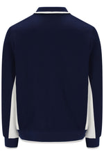 A navy blue long-sleeve track jacket shown from the back, featuring white contrast panels along the sides and collar.