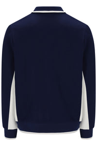 A navy blue long-sleeve track jacket shown from the back, featuring white contrast panels along the sides and collar.