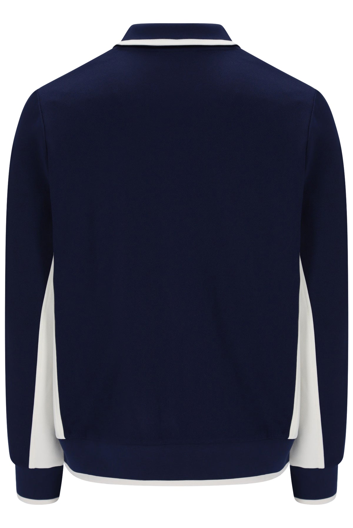 A navy blue long-sleeve track jacket shown from the back, featuring white contrast panels along the sides and collar.