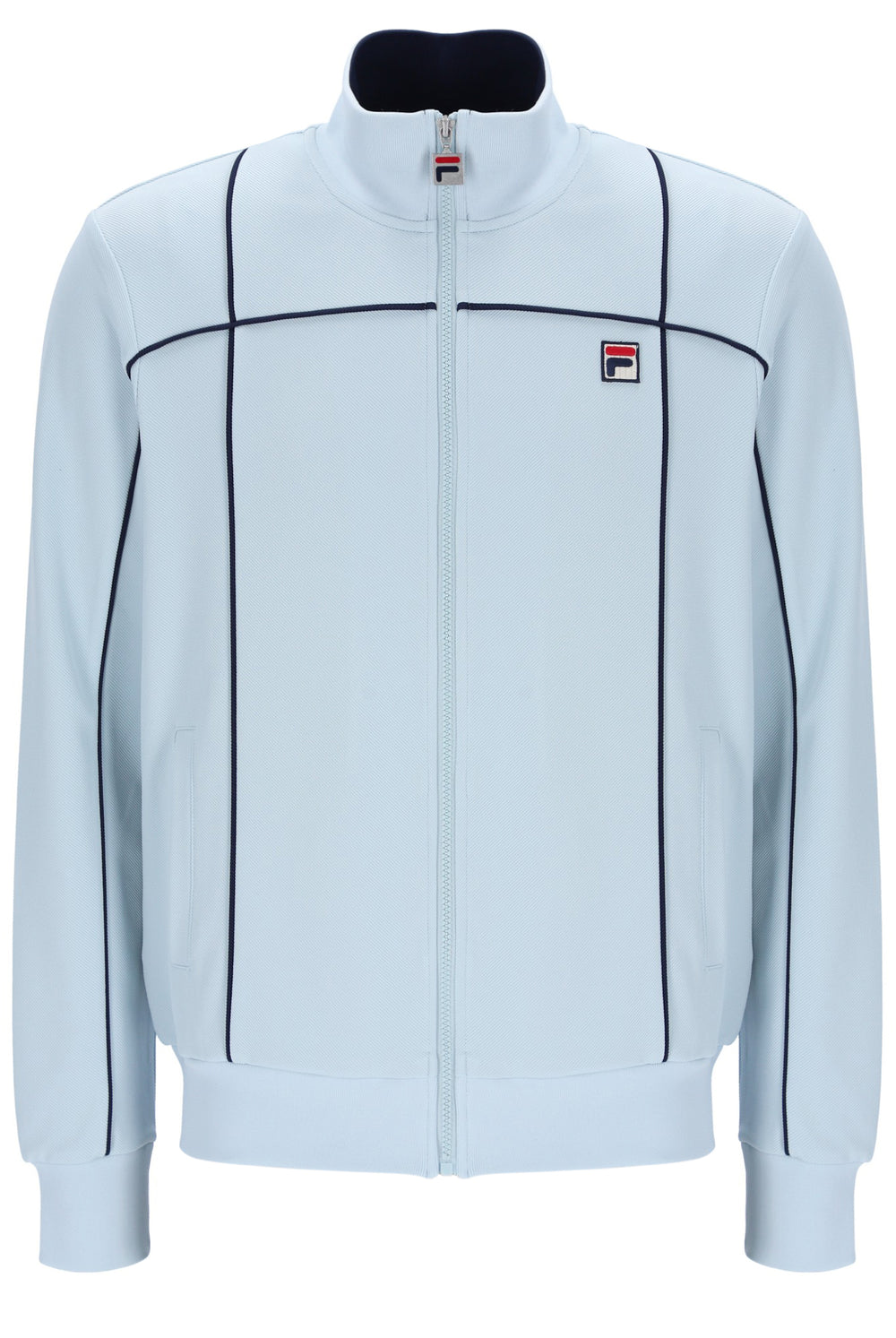 Light blue jacket with black accents and a visible brand logo on a white background