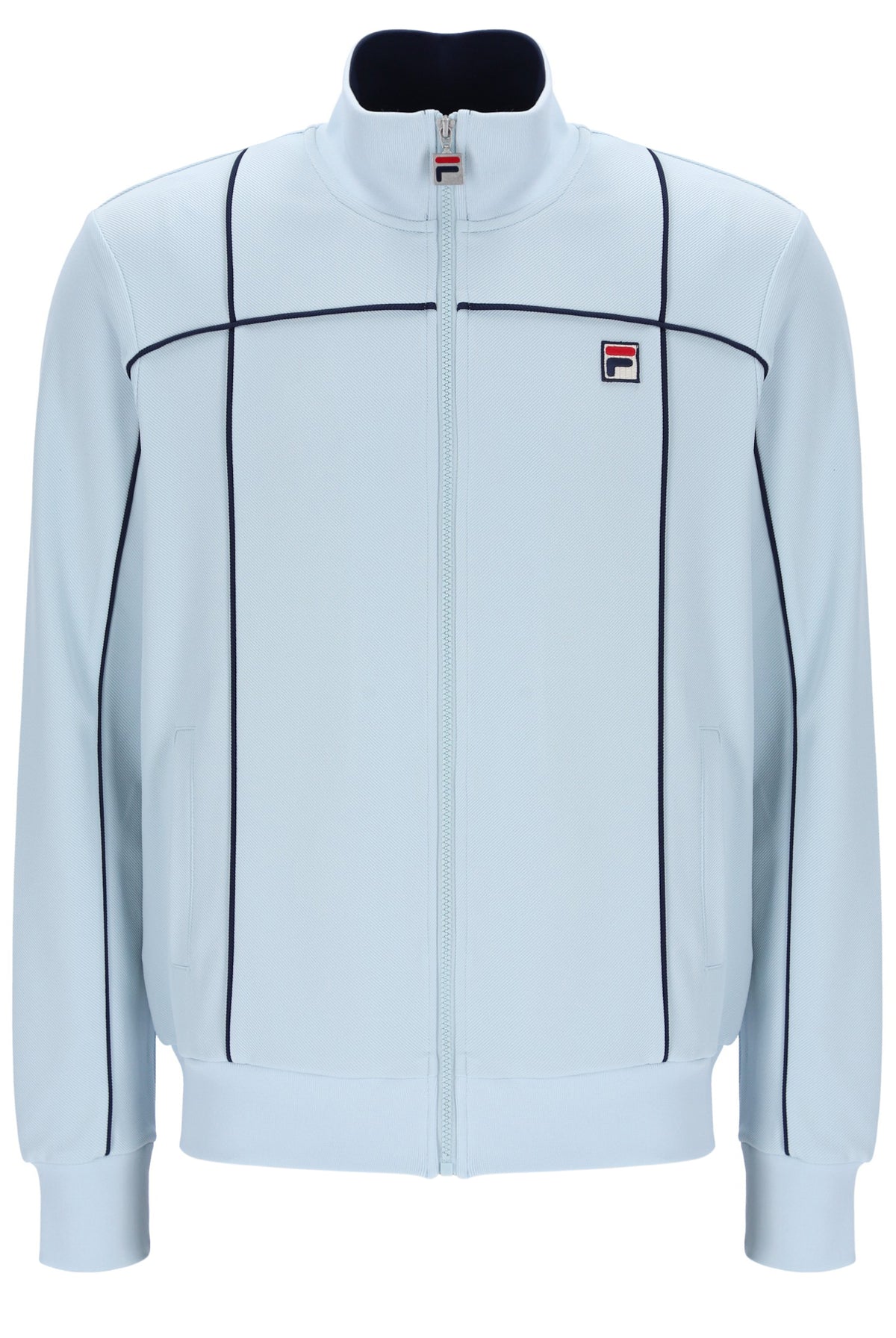 Light blue jacket with black accents and a visible brand logo on a white background