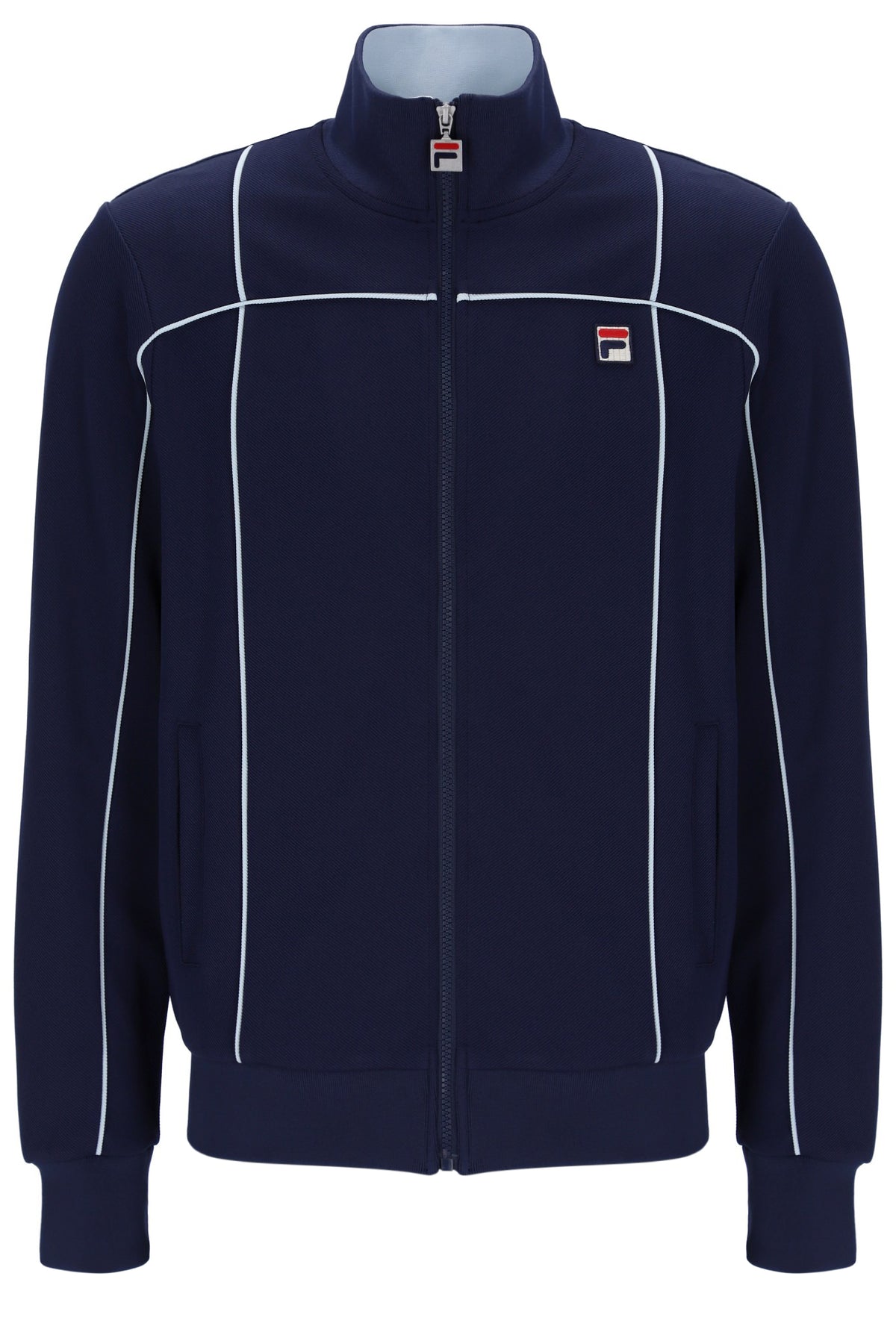 Navy blue jacket with white piping and Fila logo on a white background