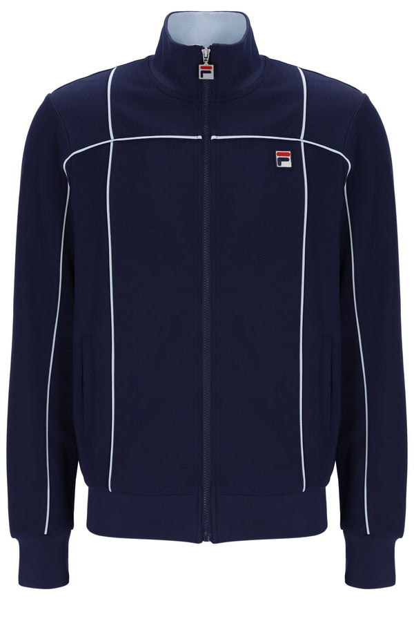 Navy blue jacket with white piping and Fila logo on a white background
