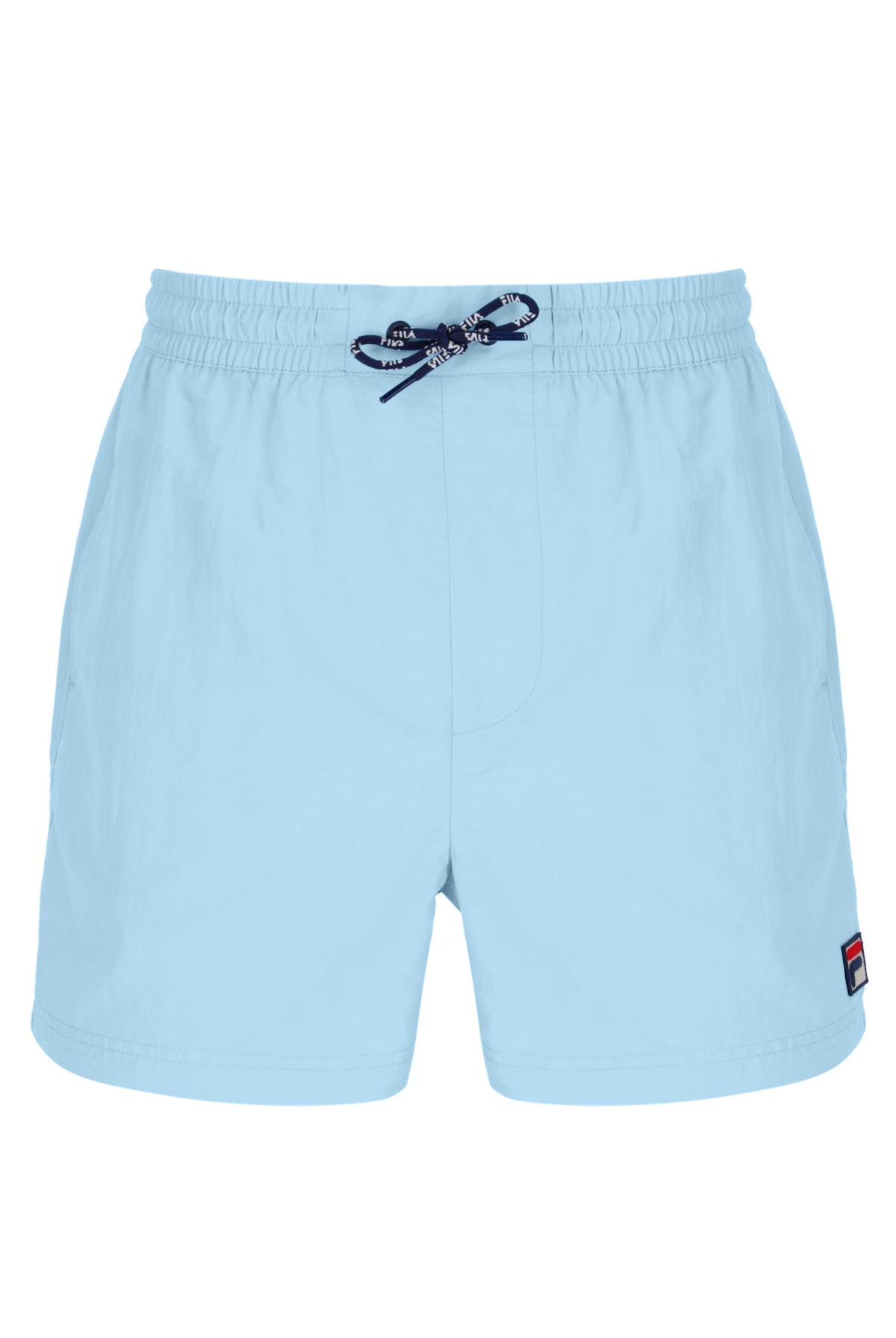 Light blue shorts with a drawstring on a white background