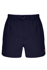 A pair of navy blue FILA Artoni swim shorts with a drawstring waistband and side pockets, featuring the FILA logo on the left leg.